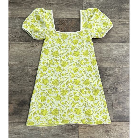 Zara Medium Jacquard Puff Sleeve Mini Dress Chartreuse Floral Leaf Retro Chic - Picture 9 of 11
